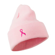 Breast Cancer Ribbon Embroidered Cuff Beanie