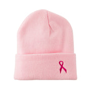 Breast Cancer Ribbon Embroidered Cuff Beanie