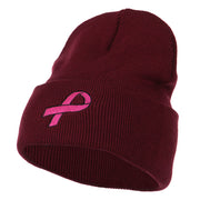 Hot Pink Ribbon Breast Cancer Embroidered Long Cuff Beanie