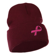 Hot Pink Ribbon Breast Cancer Embroidered Long Cuff Beanie