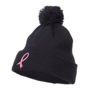 Ribbon Breast Cancer Embroidered Pom Beanie