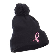 Ribbon Breast Cancer Embroidered Pom Beanie