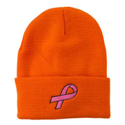 Hot Pink Ribbon Breast Cancer Embroidered Long Cuff Beanie