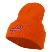 Hot Pink Ribbon Breast Cancer Embroidered Long Cuff Beanie