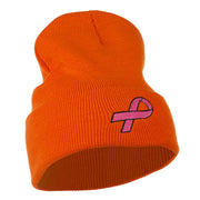 Hot Pink Ribbon Breast Cancer Embroidered Long Cuff Beanie