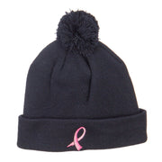 Ribbon Breast Cancer Embroidered Pom Beanie