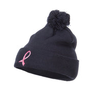 Ribbon Breast Cancer Embroidered Pom Beanie