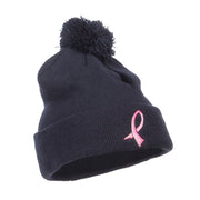 Ribbon Breast Cancer Embroidered Pom Beanie