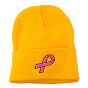 Hot Pink Ribbon Breast Cancer Embroidered Long Cuff Beanie