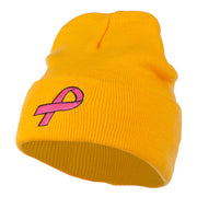 Hot Pink Ribbon Breast Cancer Embroidered Long Cuff Beanie