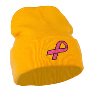 Hot Pink Ribbon Breast Cancer Embroidered Long Cuff Beanie