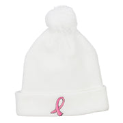 Ribbon Breast Cancer Embroidered Pom Beanie