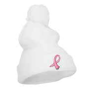 Ribbon Breast Cancer Embroidered Pom Beanie