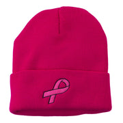 Hot Pink Ribbon Breast Cancer Embroidered Long Cuff Beanie