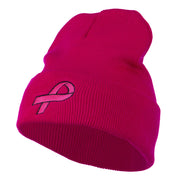 Hot Pink Ribbon Breast Cancer Embroidered Long Cuff Beanie