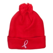 Ribbon Breast Cancer Embroidered Pom Beanie