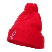 Ribbon Breast Cancer Embroidered Pom Beanie