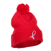 Ribbon Breast Cancer Embroidered Pom Beanie