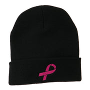 Hot Pink Ribbon Breast Cancer Embroidered Long Cuff Beanie