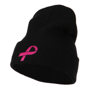 Hot Pink Ribbon Breast Cancer Embroidered Long Cuff Beanie