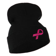 Hot Pink Ribbon Breast Cancer Embroidered Long Cuff Beanie