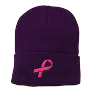 Hot Pink Ribbon Breast Cancer Embroidered Long Cuff Beanie