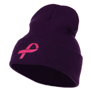 Hot Pink Ribbon Breast Cancer Embroidered Long Cuff Beanie