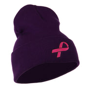 Hot Pink Ribbon Breast Cancer Embroidered Long Cuff Beanie