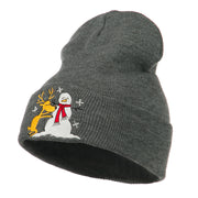 Reindeer and Snowman Embroidered Cuff Beanie