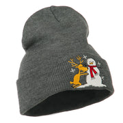 Reindeer and Snowman Embroidered Cuff Beanie