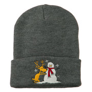 Reindeer and Snowman Embroidered Cuff Beanie