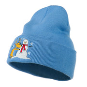 Reindeer and Snowman Embroidered Cuff Beanie