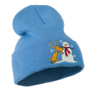 Reindeer and Snowman Embroidered Cuff Beanie