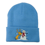 Reindeer and Snowman Embroidered Cuff Beanie