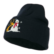 Reindeer and Snowman Embroidered Cuff Beanie