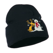 Reindeer and Snowman Embroidered Cuff Beanie