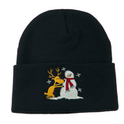 Reindeer and Snowman Embroidered Cuff Beanie