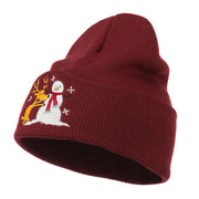 Reindeer and Snowman Embroidered Cuff Beanie