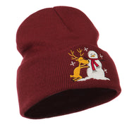 Reindeer and Snowman Embroidered Cuff Beanie