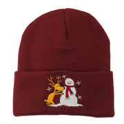 Reindeer and Snowman Embroidered Cuff Beanie