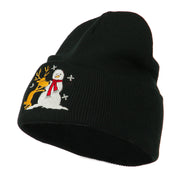 Reindeer and Snowman Embroidered Cuff Beanie