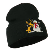 Reindeer and Snowman Embroidered Cuff Beanie