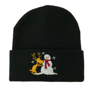 Reindeer and Snowman Embroidered Cuff Beanie