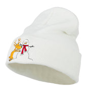 Reindeer and Snowman Embroidered Cuff Beanie