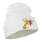 Reindeer and Snowman Embroidered Cuff Beanie