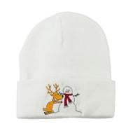 Reindeer and Snowman Embroidered Cuff Beanie