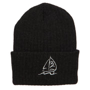 Sailboat Embroidered Heavy Ribbed Long Beanie