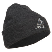 Sailboat Embroidered Heavy Ribbed Long Beanie