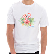 Spring Flamingo Cotton Short Sleeve Graphic Shirt