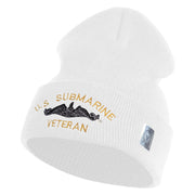 US Submarine Veteran Military Embroidered 12 inch Cuffed Knit YP Long Beanie - White OSFM